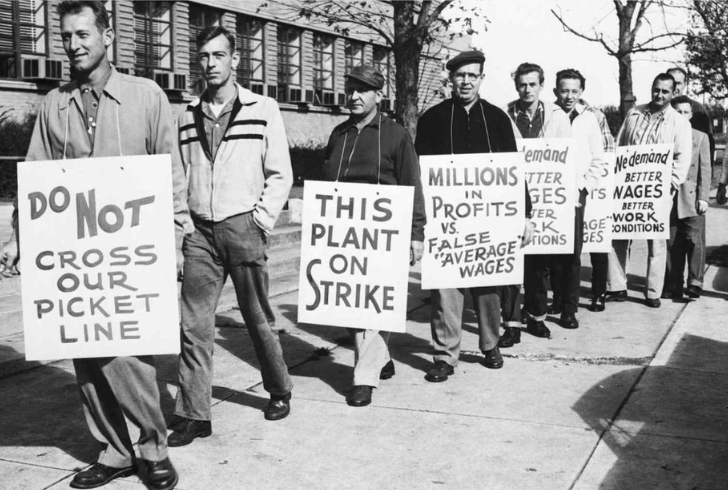 Historic union protest with factory workers