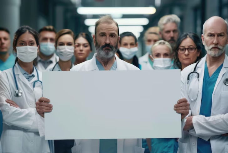 Doctors holding protest signs