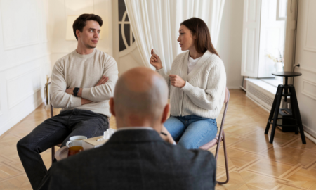 Couple talks calmly during mediation session